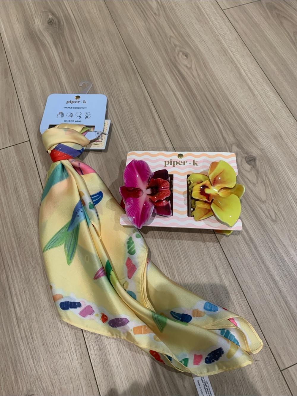 Piper K Yellow Floral Scarf with Pink and Yellow Flower Clips